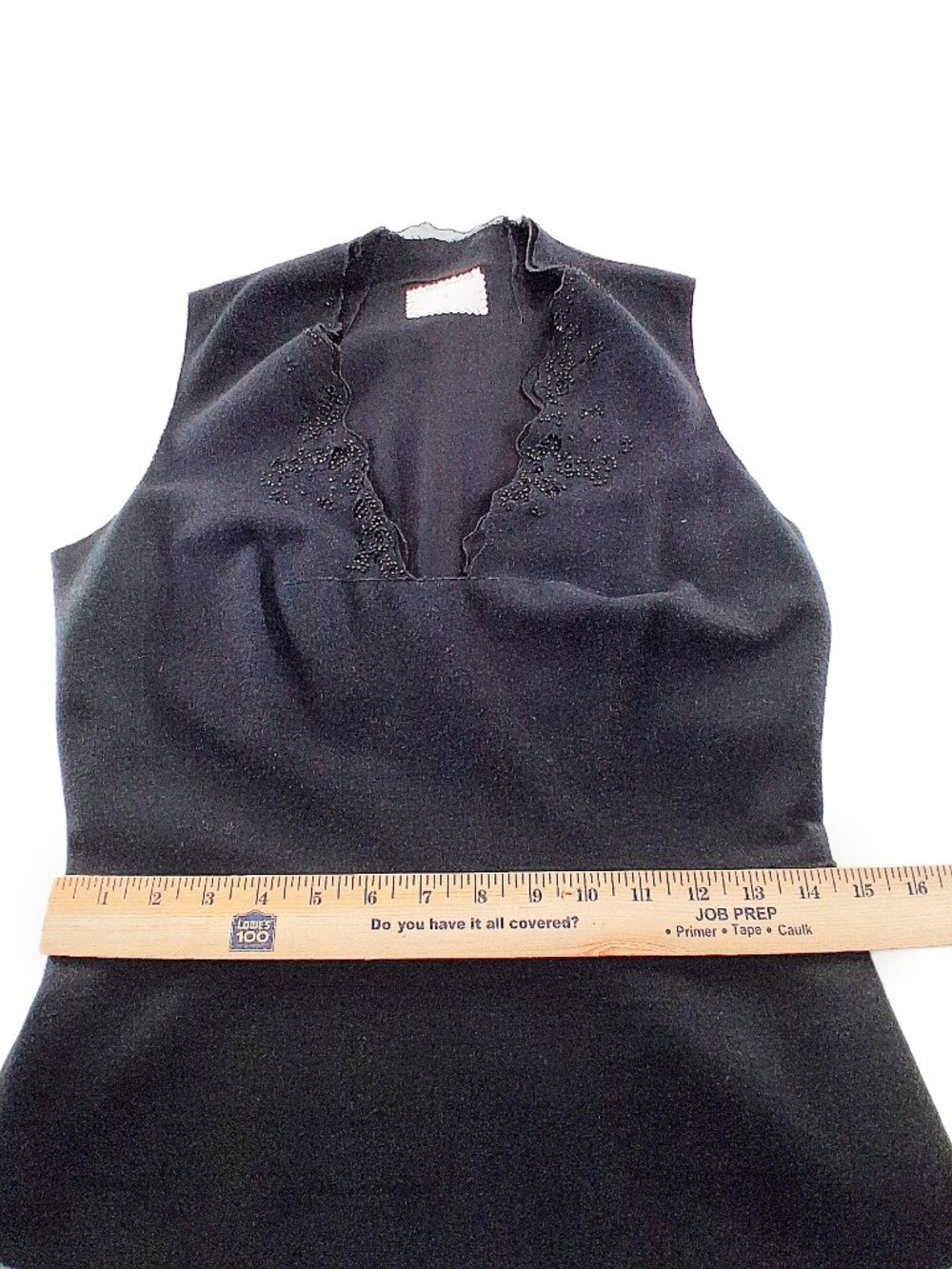 GARY GRAHAM Black Wool Beaded Cutout Dress Silk Inset Deep V Sleeveless SZ 8 - Picture 13 of 14